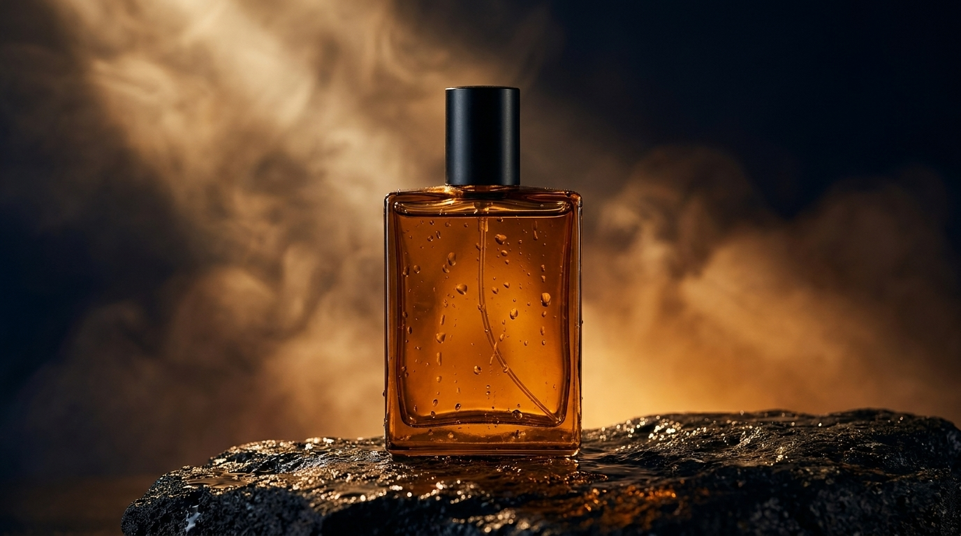 The same perfume bottle as a cinematic AI-crafted campaign shot on wet volcanic stone